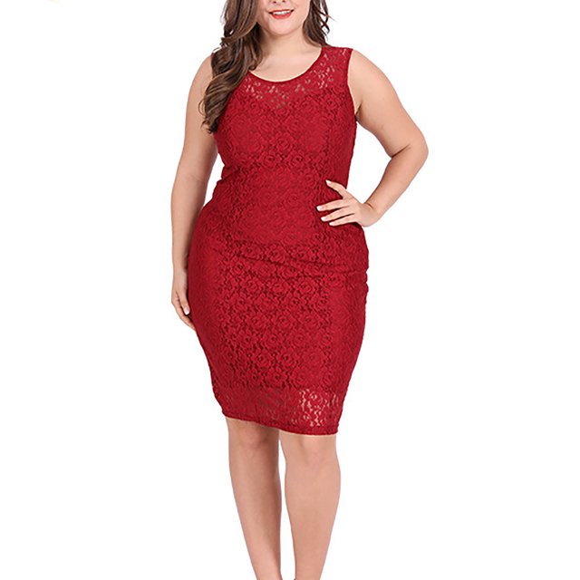 LSLJS Robe Décontractée Grande Taille Sans Manches à Col Rond en Dentelle Unie Hauteur Genou