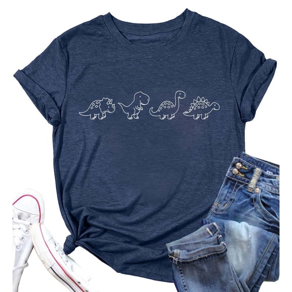Women's Cute T-Shirt Cartoon Dinosaur Print Crewneck Short Sleeve Casual Summer Tee