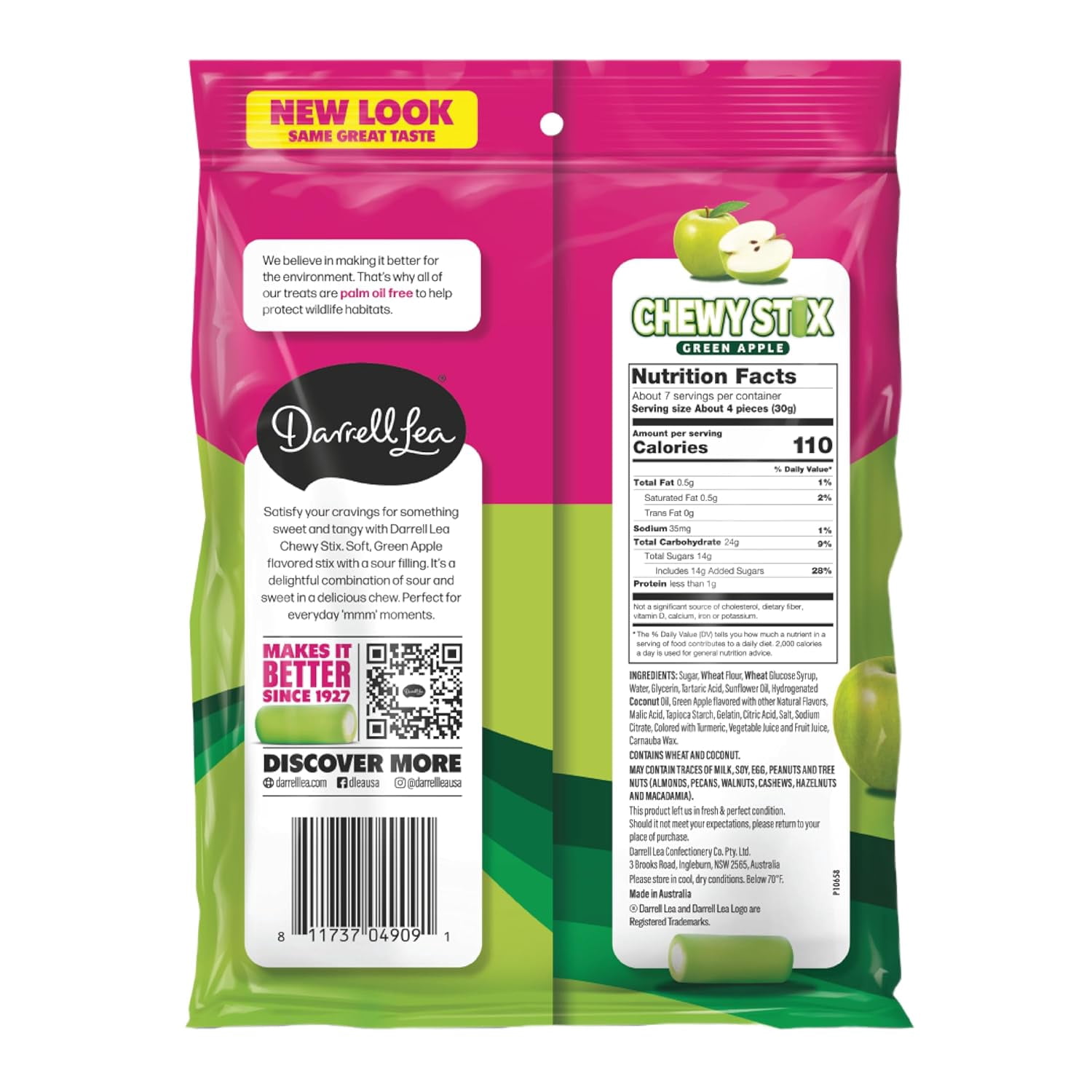 Darrell Lea Fabulicious Green Apple Sour Candy Stix, 7 Oz, Pack of 8