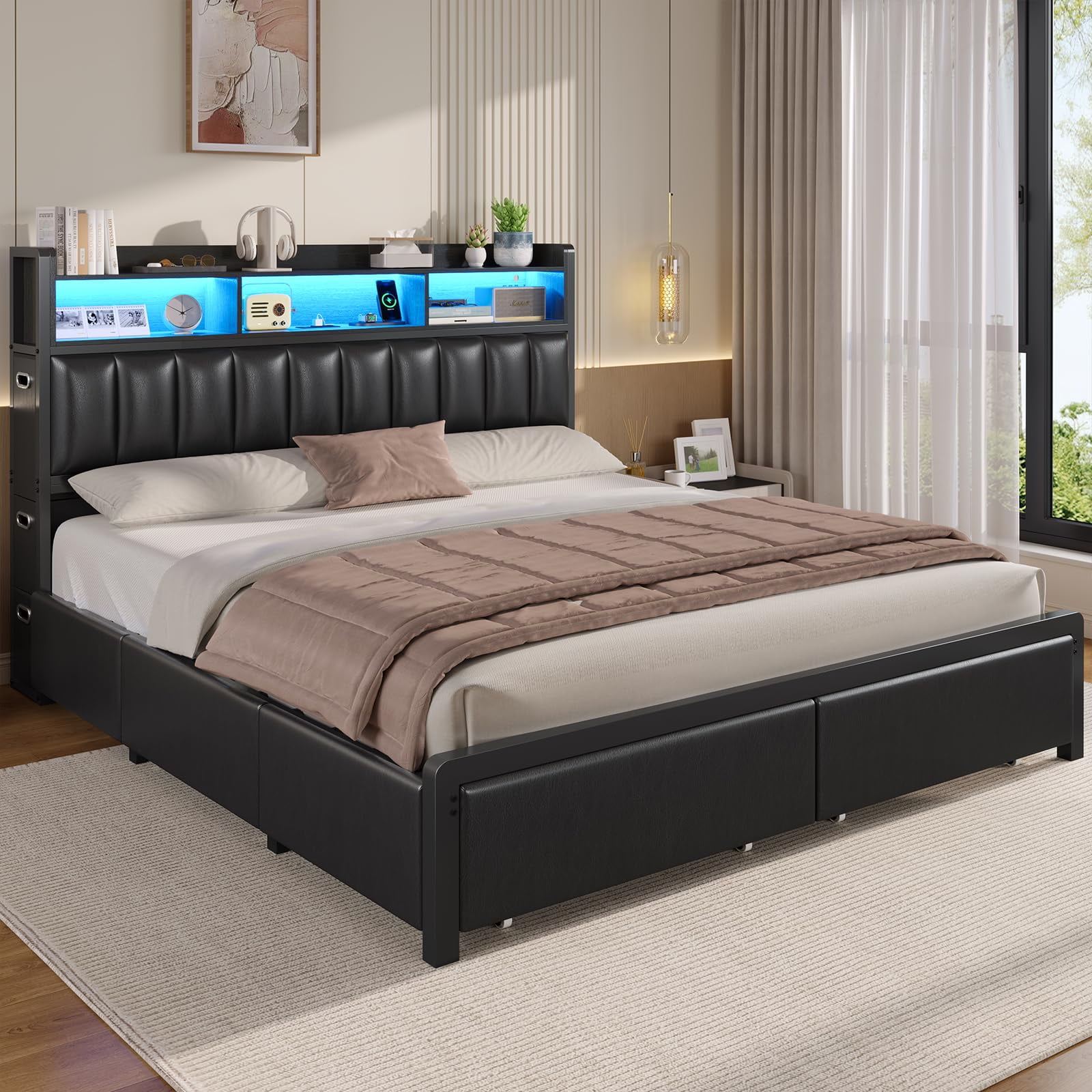 Toogaho King Size Bed Frame with 9 Drawers,Storage Bookcase Headboard, Upholstered Platform Bed King with LED Light and Charging Station,Metal Slats, No Box Spring Needed,Black PU