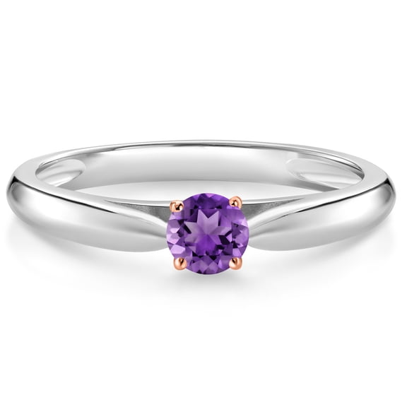 Gem Stone King 925 Silver and 10K Rose Gold Purple Amethyst Solitaire Engagement Ring for Women (0.16 Cttw, Gemstone February Birthstone, Round 3.5MM, Size 8)