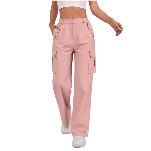 Baggy Cargo Pants Women Button Elastic Waisted Outdoor Joggers Casual Loose Solid Color Athletic Work Stretch Pants with Button Pockets