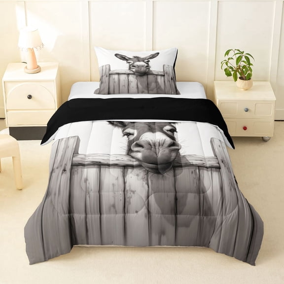 Erosebridal Donkey Peeking Fence Print Twin Comforter Sets, Farmhouse Decor Bedding Set for Kids Boys and Girls, Black Reversible 2-Piece, 1 Comforter and 1 Pillowcase