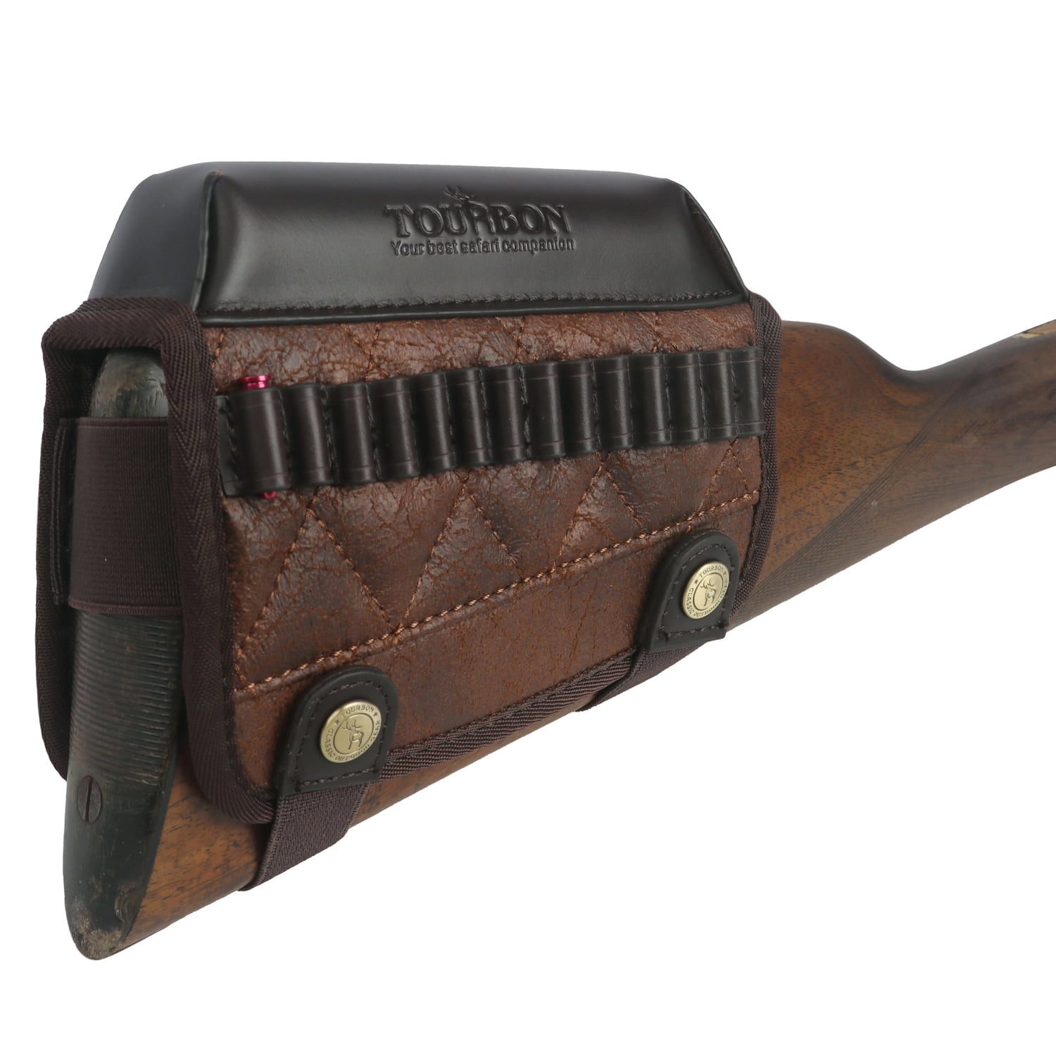 TOURBON PU Leather Recoil Pad Buttstock Cover with .22LR Shell Loops- Right Handed Brown