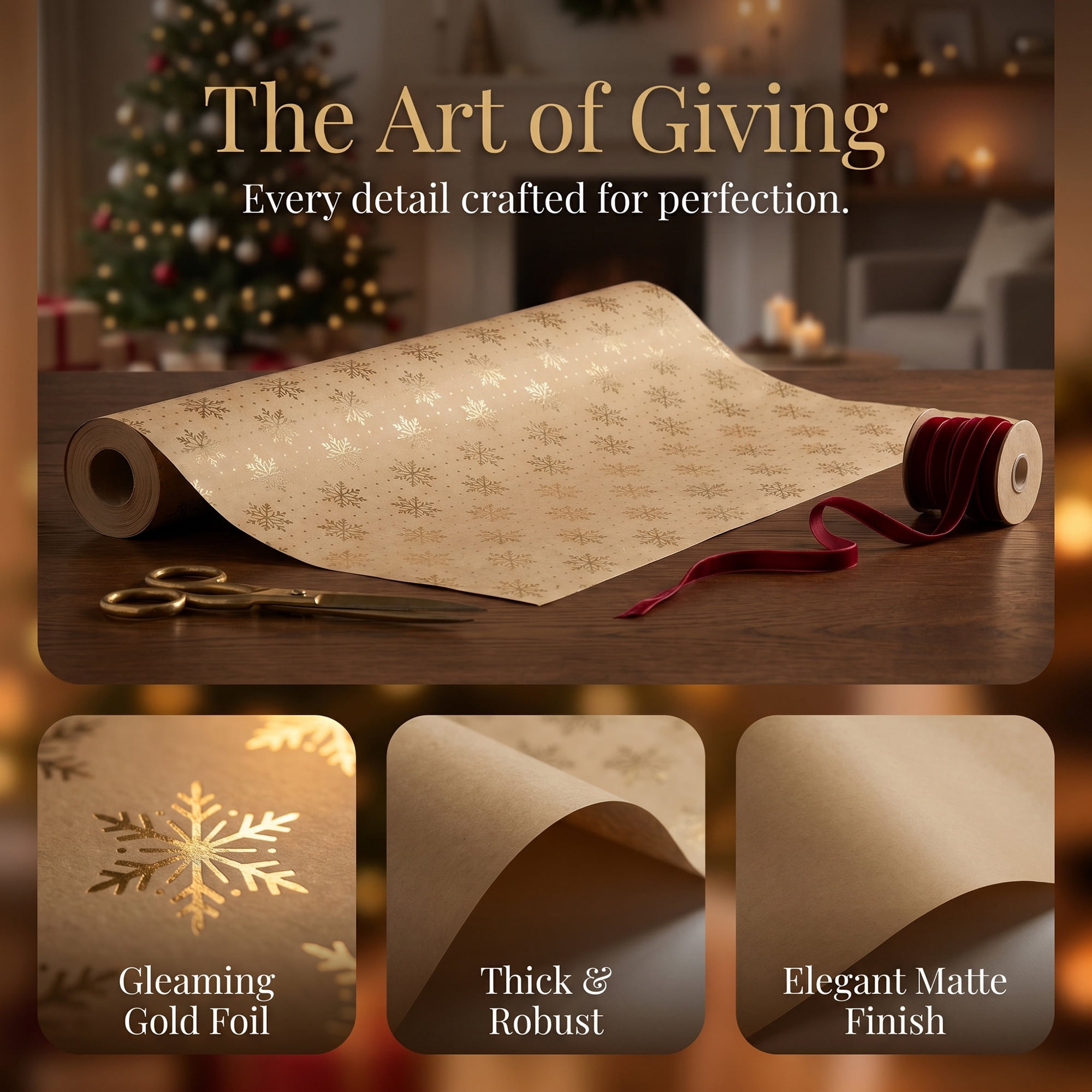 Unique Bargains Heavyweight Christmas Wrapping Paper for Gifts Snowflake Gold 27.6"x 19.7"