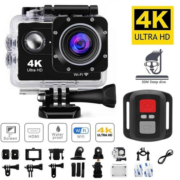 Runbaixing Waterproof 4K 20MP Action Camera with 2.4G Remote Control 2.0, Black
