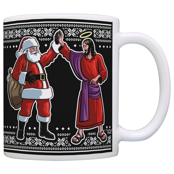 ThisWear Funny Christmas Coffee Mug Santa Jesus High Five Ugly Christmas Sweater Themed Christmas Mugs for Women 11 ounce Coffee Mug Black