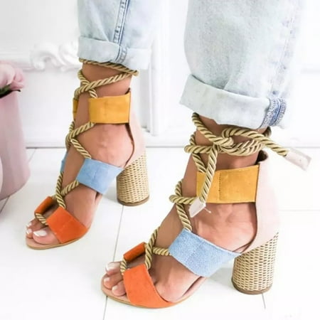 

Woman Summer Heels Sandals Suede Ankle Strap Shoes with Wooden Sole for Outdoor School Performances 35 Heel Pink