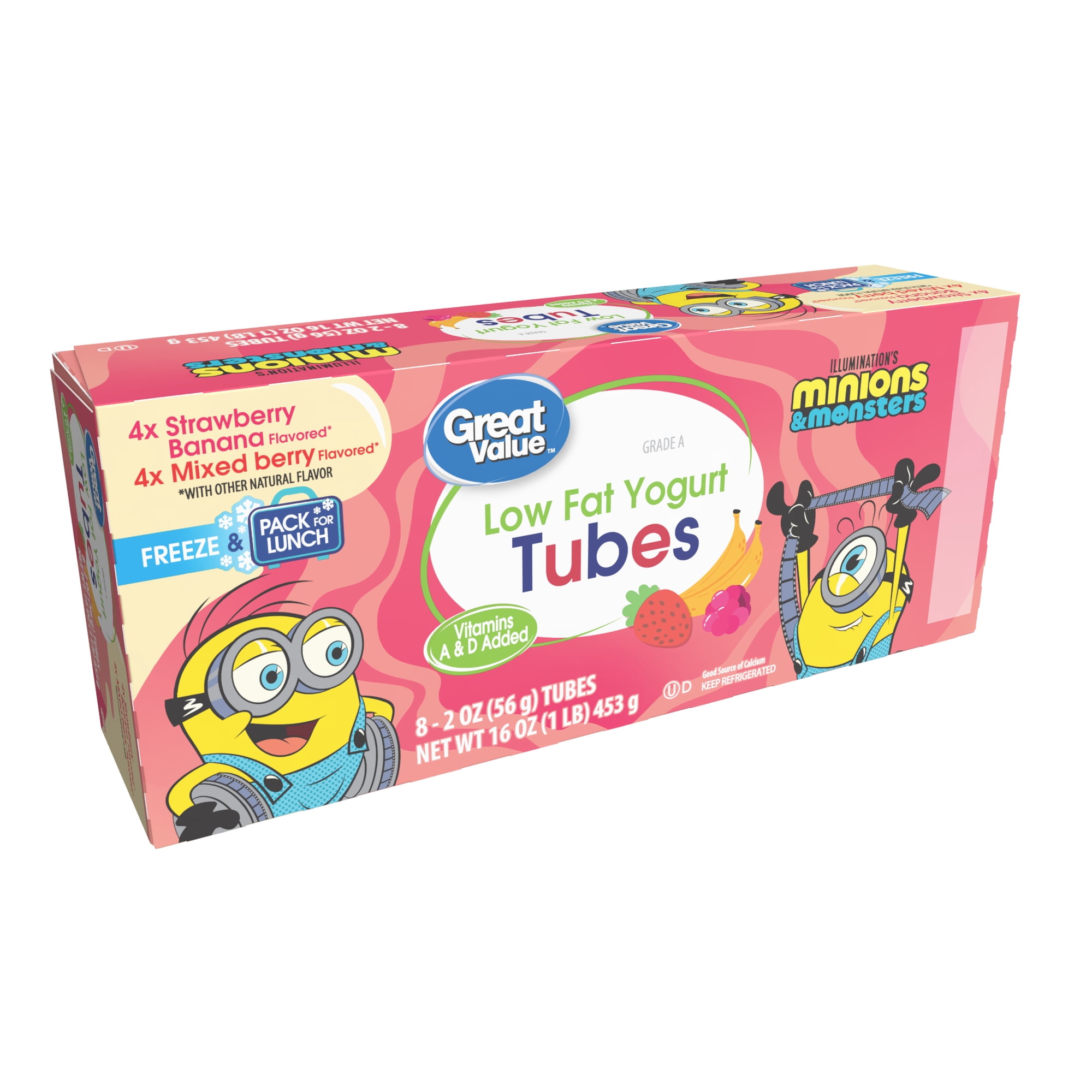 Great Value Kids Low-Fat Strawberry Banana & Mixed Berry 2 oz Yogurt Tubes, Variety Pack, 8 Count