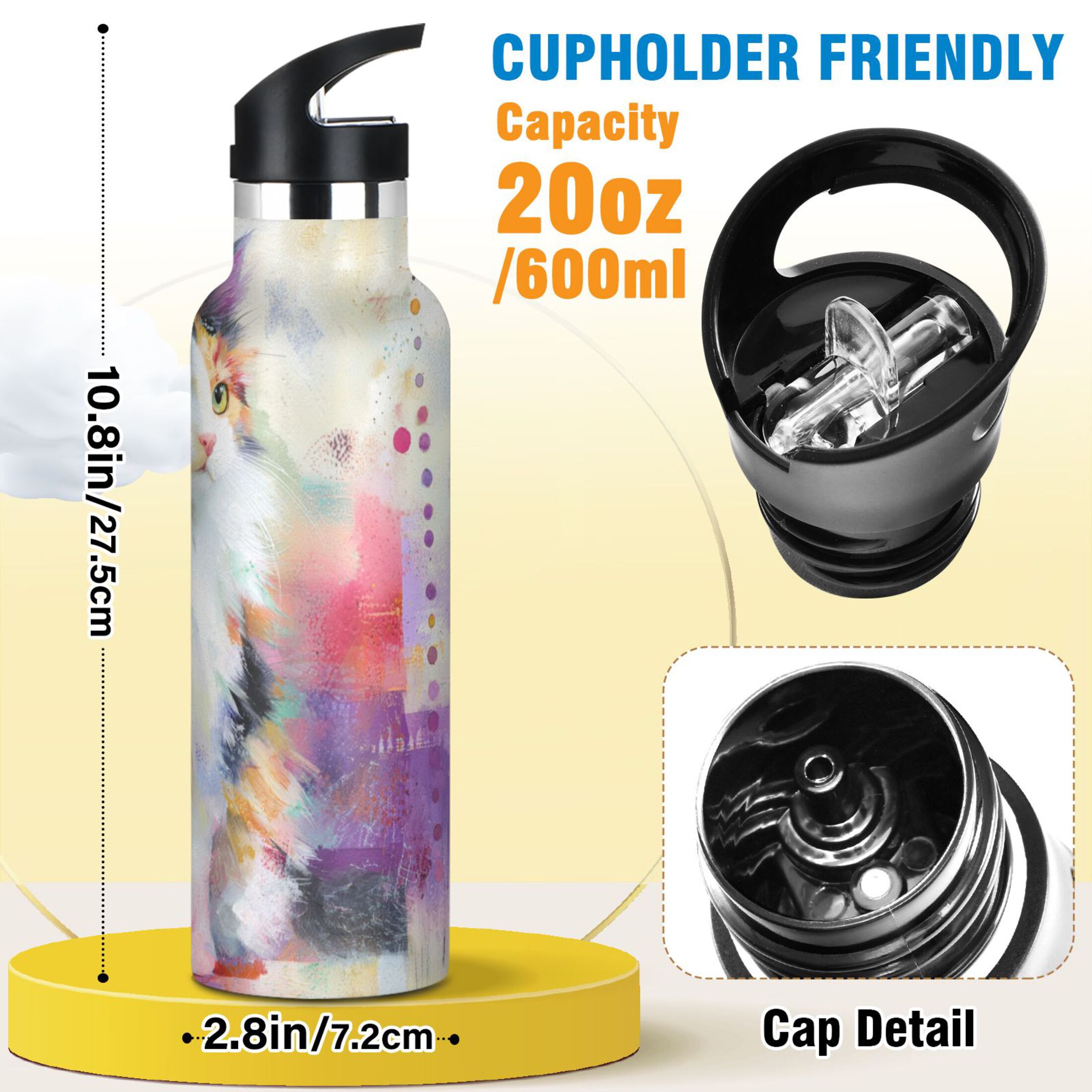 Kids Insulated Stainless Steel Sports Water Bottle 600ml (20oz) Charming Hairy Cat