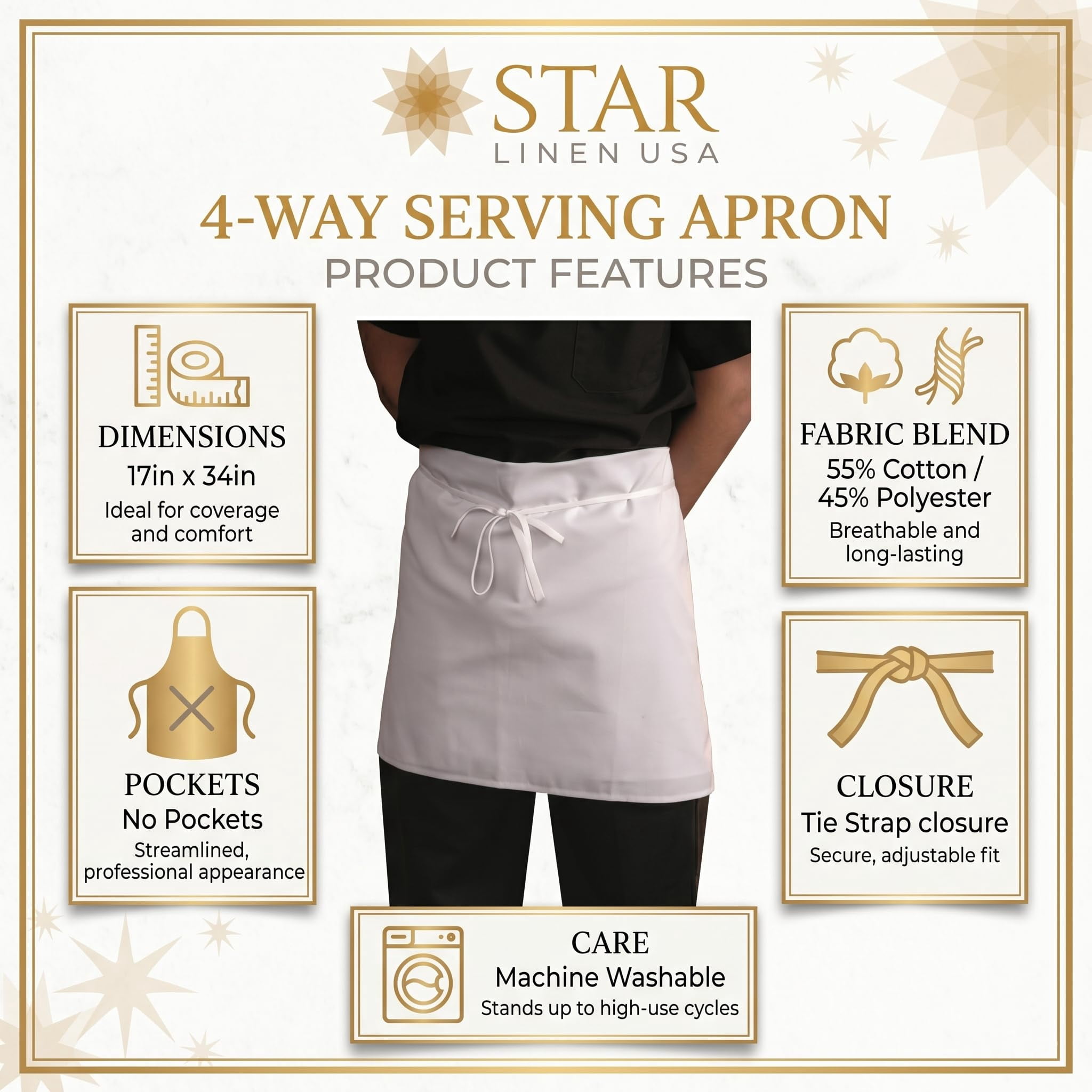 48 Pack Premium Four Way Apron | 17x34 | White | 55% Cotton 45% Polyester | Tie Strap Closure | Machine Washable