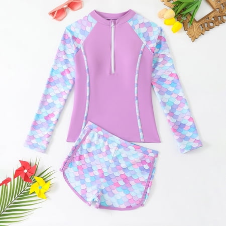 Hpapadks Girls Swimsuit Girl Split Swimsuits Swimming Long Sleeve Printed Half Zip Tops Shorts 2 Piece Set Girls Bathing Suit Purple 7-8Y