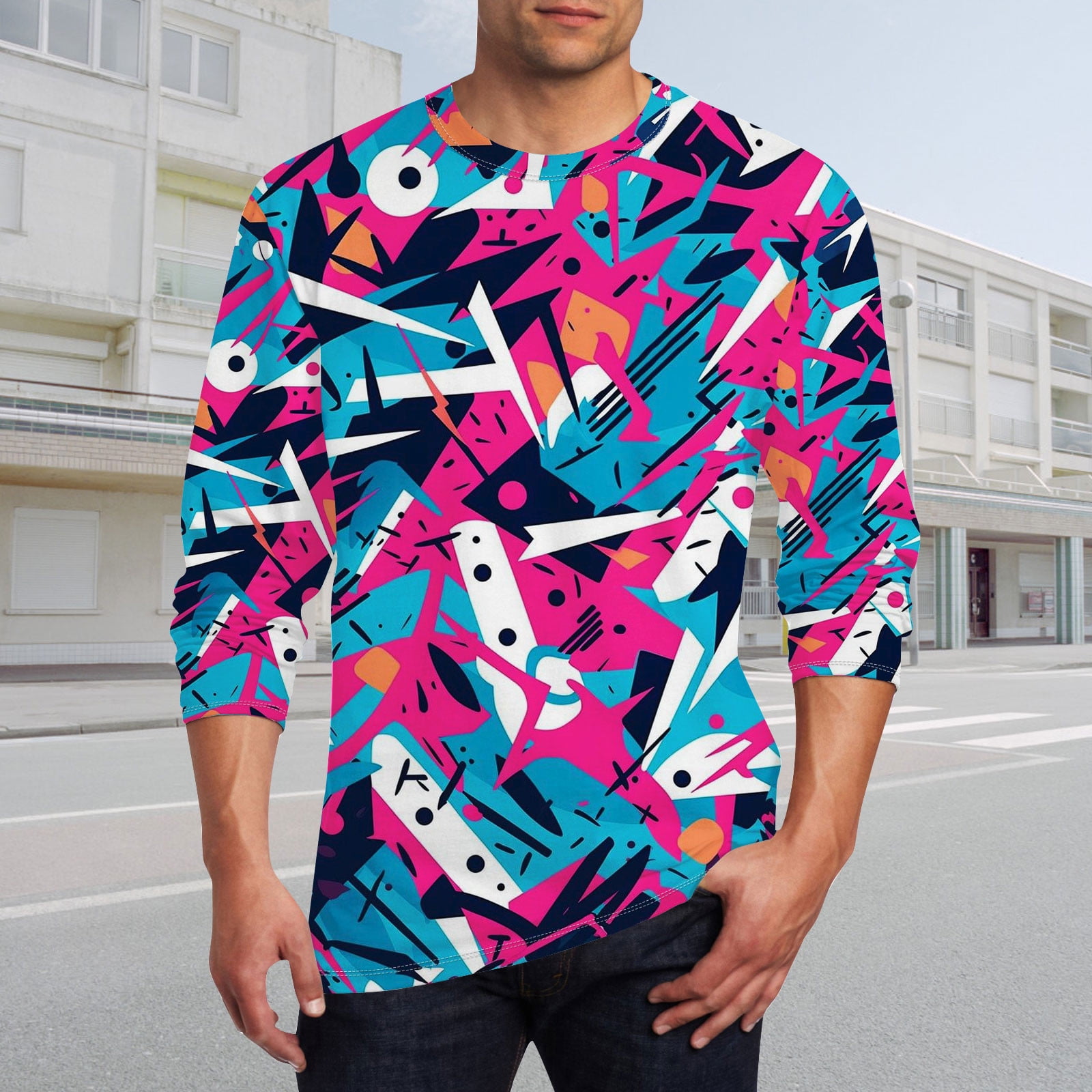 Men's Long Sleeve Abstract Print T-Shirt, Colorful Geometric