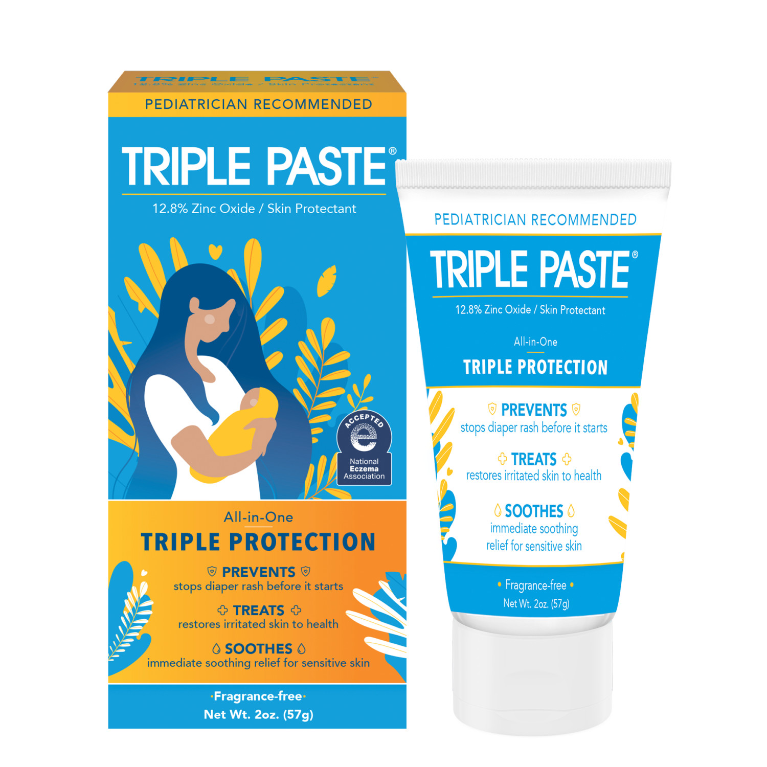 Triple Paste Diaper Rash Cream, Hypoallergenic Medicated Ointment for Babies, Overnight and Daily Protection, 2 oz