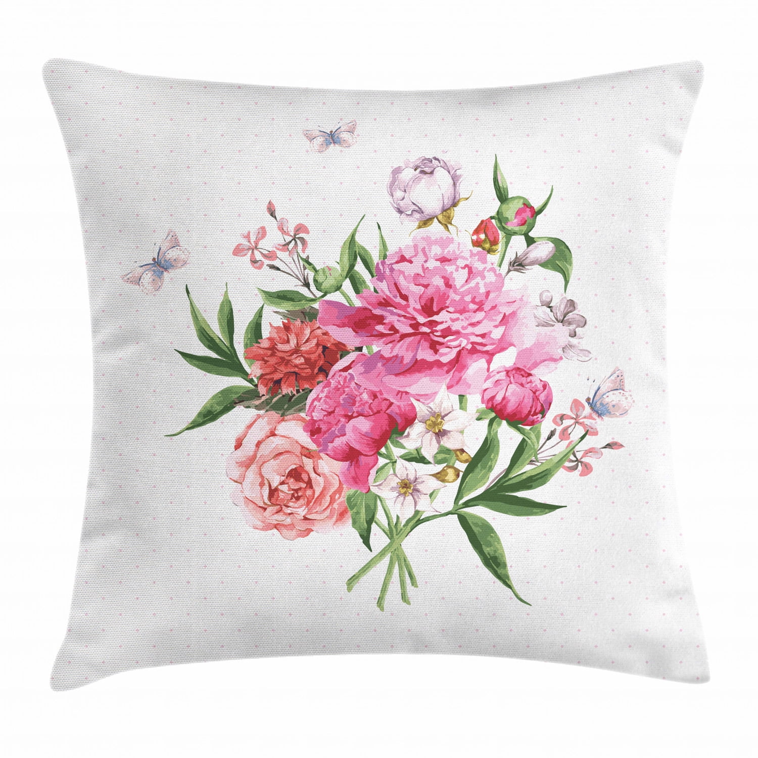 Floral Throw Pillow Cushion Cover, Vintage Watercolor Style Bouquet of