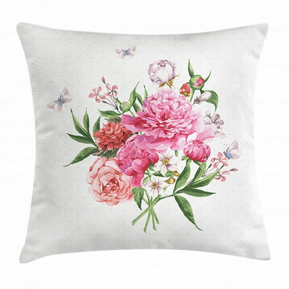 Floral Throw Pillow Cushion Cover, Vintage Watercolor Style Bouquet of Flowers as Roses and Peonies with Butterflies, Decorative Square Accent Pillow Case, 20 X 20 Inches, Multicolor, by Ambesonne