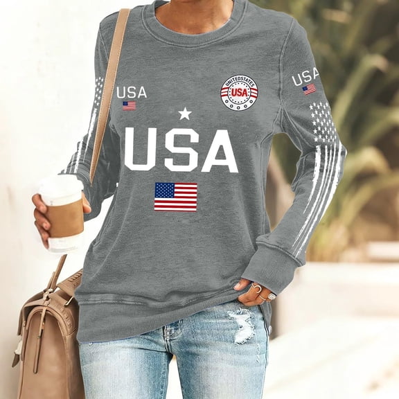 Domuza Woman's July Of 4th Shirts American Flag Print Long Sleeve Tops Casual Crew-Neck T Shirts New Trendy Clothes Gray XXL