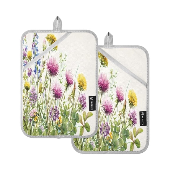 2 Pack Pot Holders for Kitchen Heat Resistant Hot Pads Sets for Cooking Baking Colorful Watercolor Wildflowers