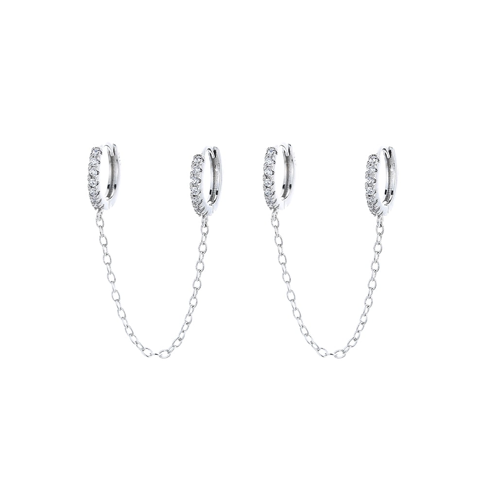 Sterling Silver Double Huggie Dainty Hoop Chain Earring with Crystals