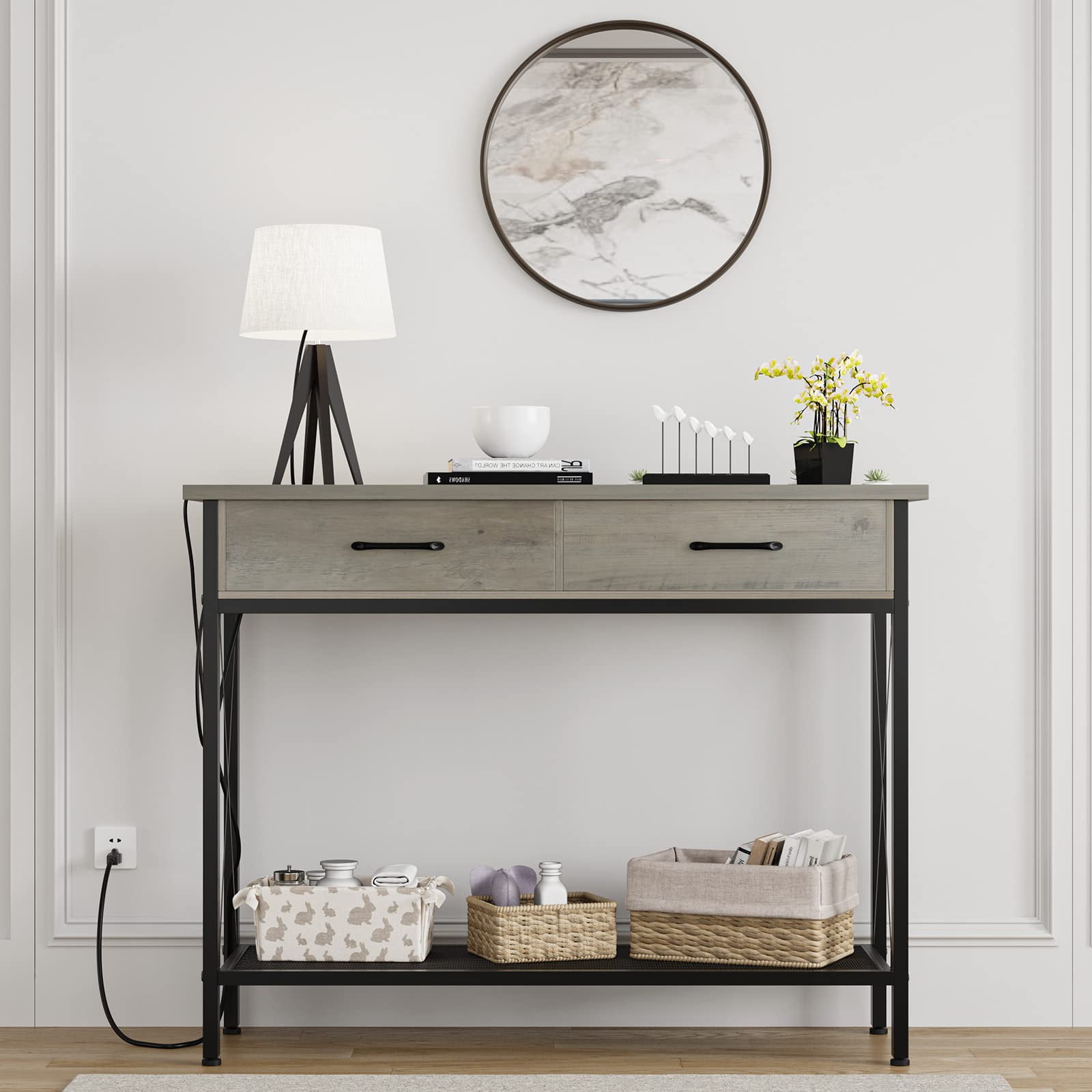 Coromose Console Table with Charging Station, Farmhouse Wood Entryway