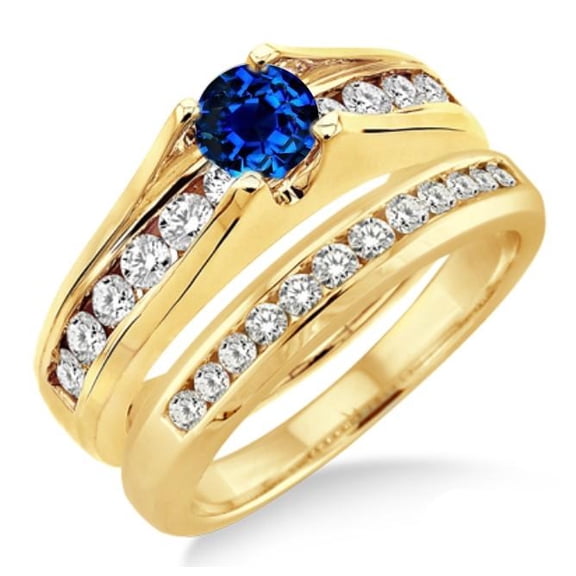 Classic Art Deco 2 Carat 6mm Round Cut Blue Sapphire And Moissanite Diamond Engagement Ring Bridal Set on 10k Yellow Gold