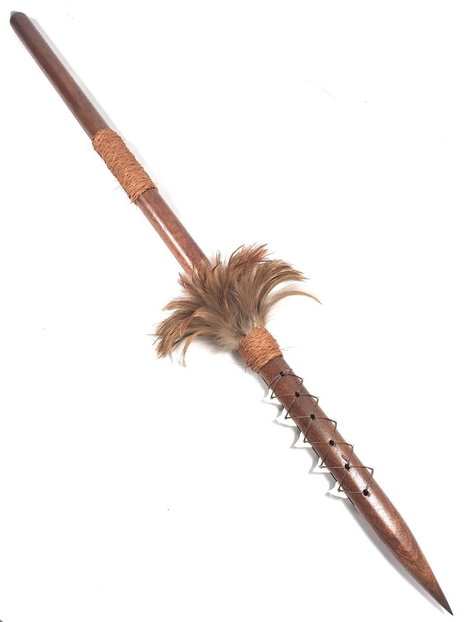 Koa Spear 36" w/ Shark Teeth & Brown Feathers koa38O