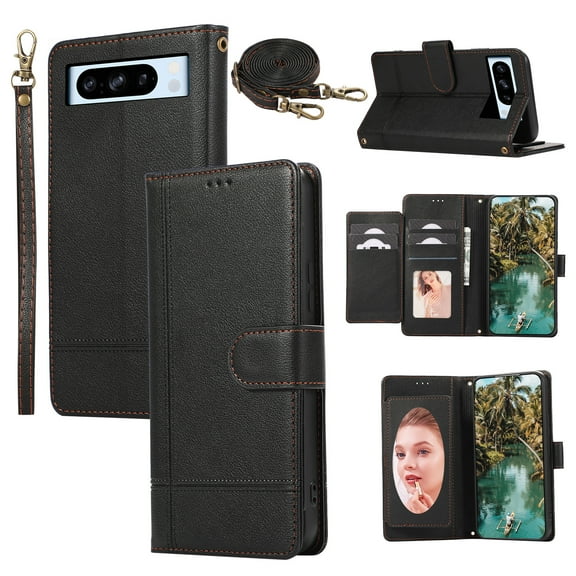 Crossbody Wallet Case for Google Pixel 9 Pro XL, PU Leather Case Wallet with Lanyard Strap, Card Holder and Make-up Mirror, Full Protection Flip Stand Cover for Google Pixel 9 Pro XL, Black