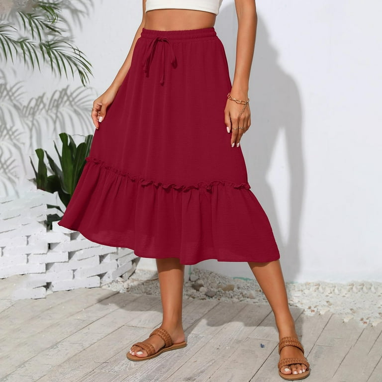 Red Ruffle High Waisted Ruffle Midi Skirt Red Floral High Waist