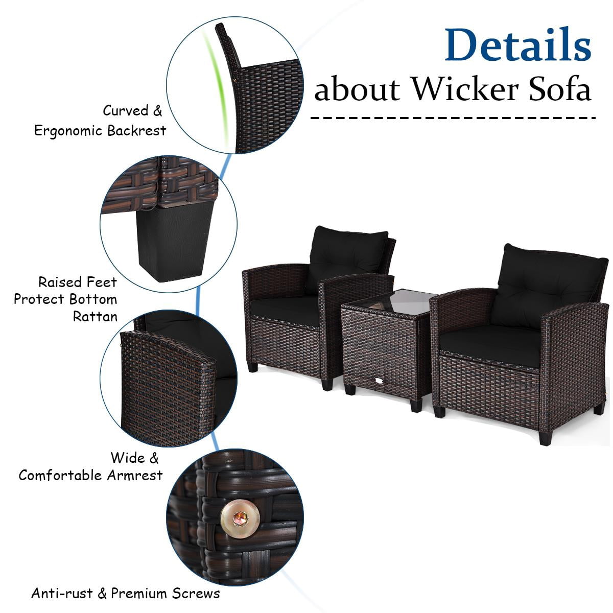 Giantex 3 Steel Patio Outdoor Conversation Sets with Sofa and Table, Black/Black