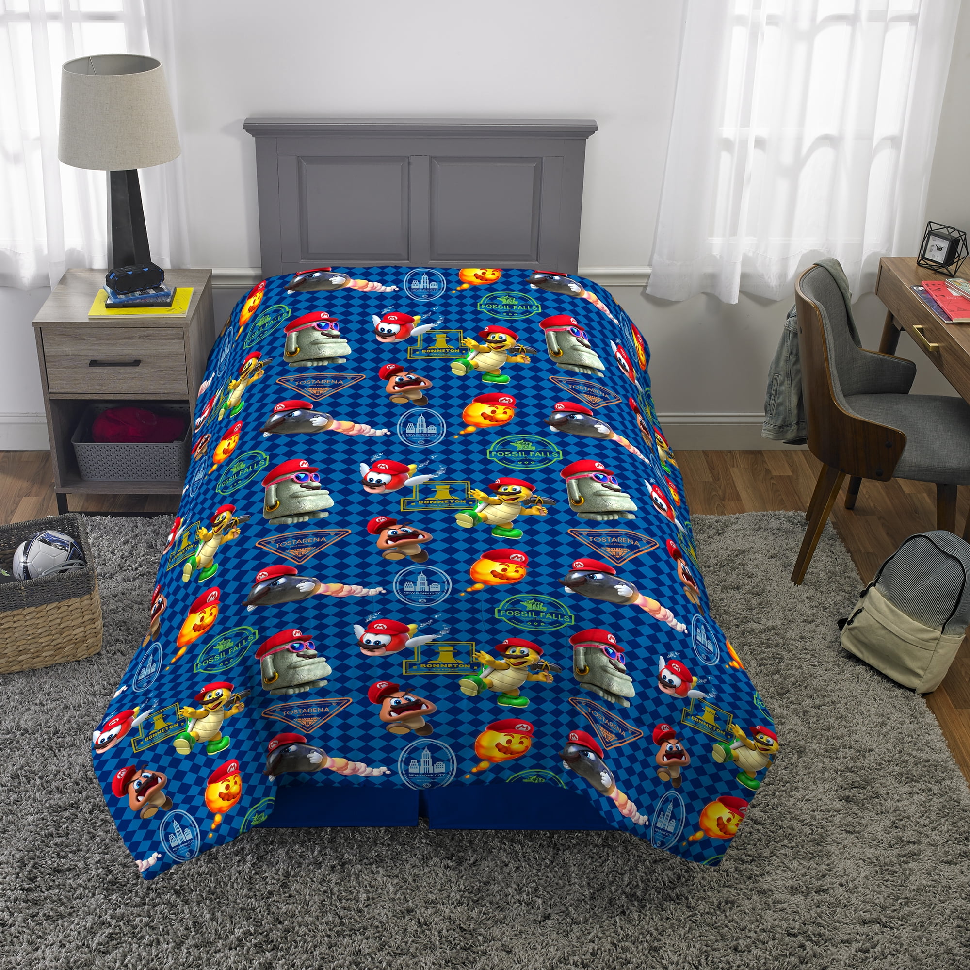Super Mario Kids Comforter and Sham, 2-Piece Set, Twin, Gaming Bedding, Reversible, Gray
