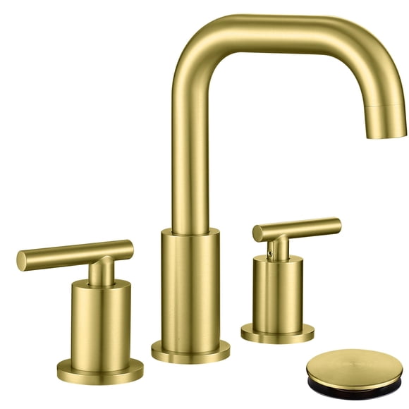 ChiLDano Robinet de Salle de Bain Or avec Drain et Tuyau d'Alimentation, 2 Poignées Robinet de Salle de Bain Or Brossé à Grand Ouverture pour Évier 3 Trous, Robinet de Salle de Bain Or CH3