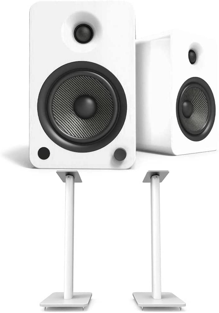 Kanto YU6MW 200W Bookshelf Speakers with Bluetooth - Matte White (Pair) with Kanto SP26PLW 26" Fixed-Height Stands - White (Pair) (2022)
