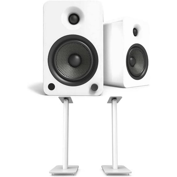 Kanto YU6MW 200W Bookshelf Speakers with Bluetooth - Matte White (Pair) with Kanto SP26PLW 26" Fixed-Height Stands - White (Pair) (2022)