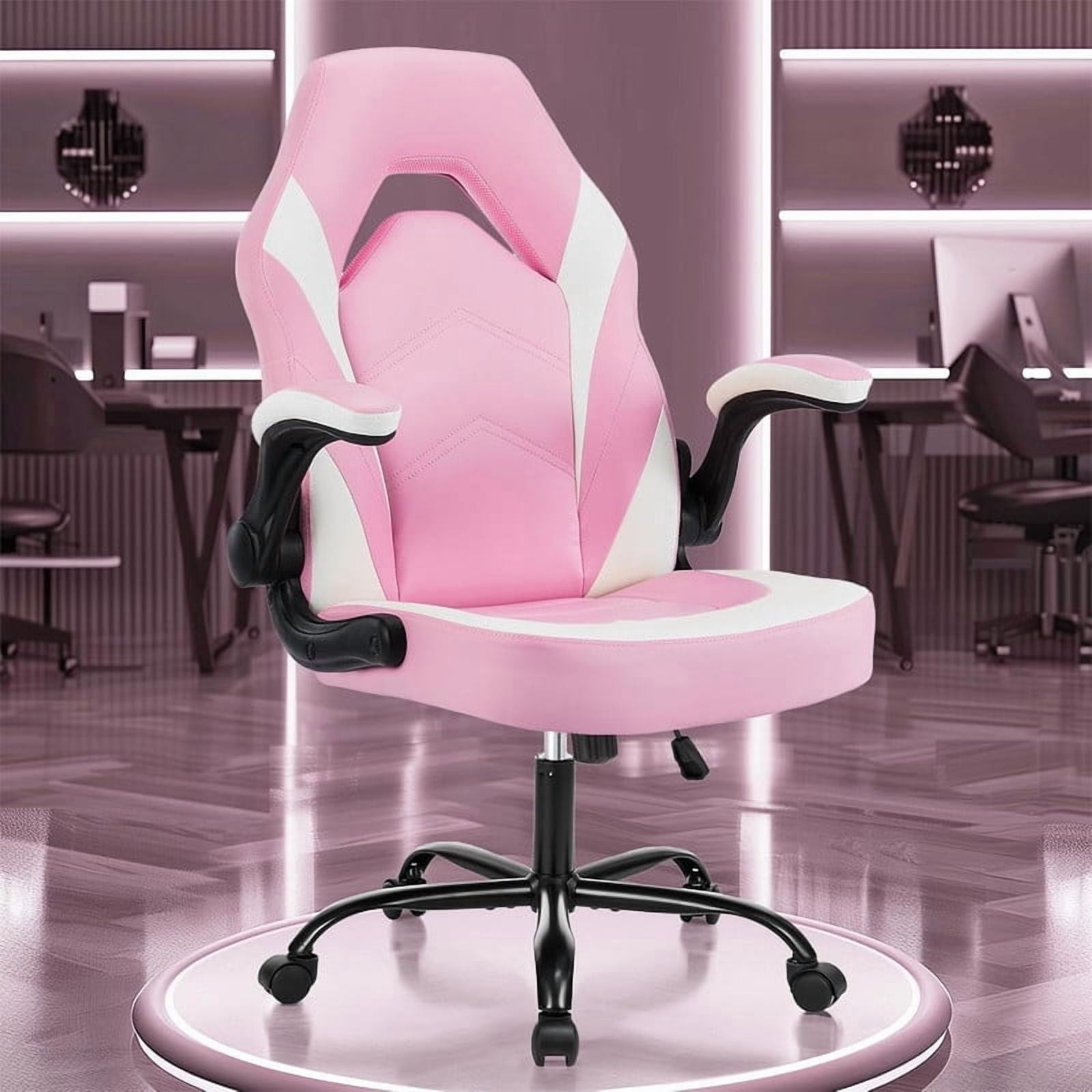 Beddle Gaming Office Chair, Ergonomic PU Leather High Back Swivel Computer Desk Chair with Flip-up Arms, Lumbar Support, White Pink