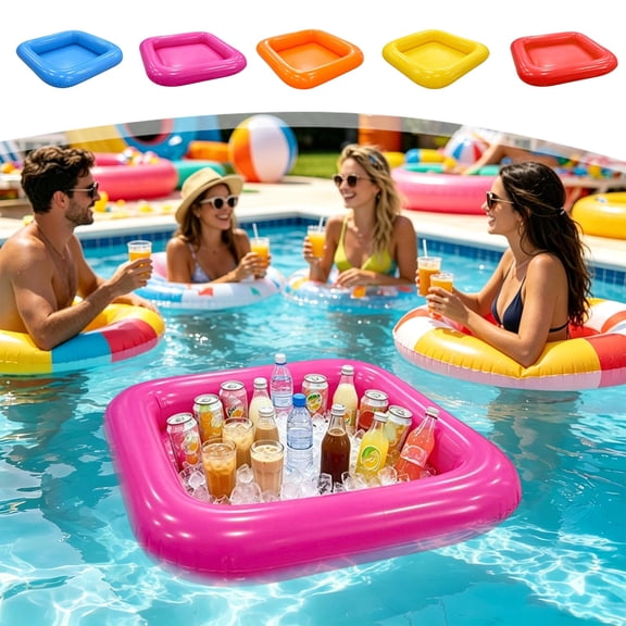 Summer Pool Floating Ice Bar Tray, Buoyant Fruit Beverage Serving Holder, Thickened PVC Inflatable Cup Holders, Water Entertainment Float for Pool Party Summer Activities, A-Pink