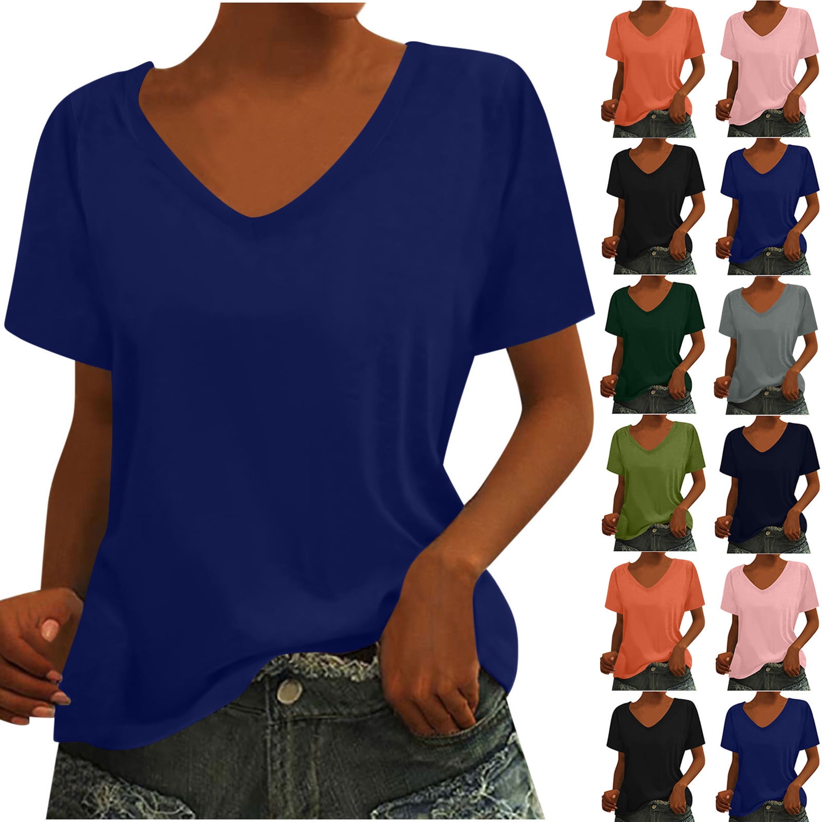 Women's V-Neck Short Sleeve Loose Fit T-Shirt Tunic Top Blouse Solid Color Soft Casual Daily Wear Work Office Vacation Fashion Essential Gift for Women | Aestivo,Black L