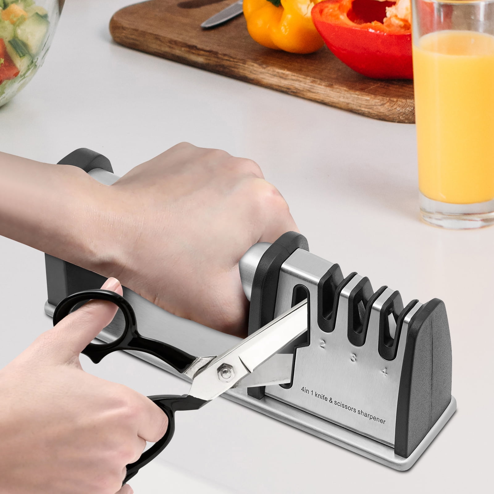 4-in-1 Knife Sharpener for Kitchen & Scissors – Tungsten Steel, Diamond & Ceramic Slots, Ergonomic Handle, Non-Slip Base, Easy to Use & Clean