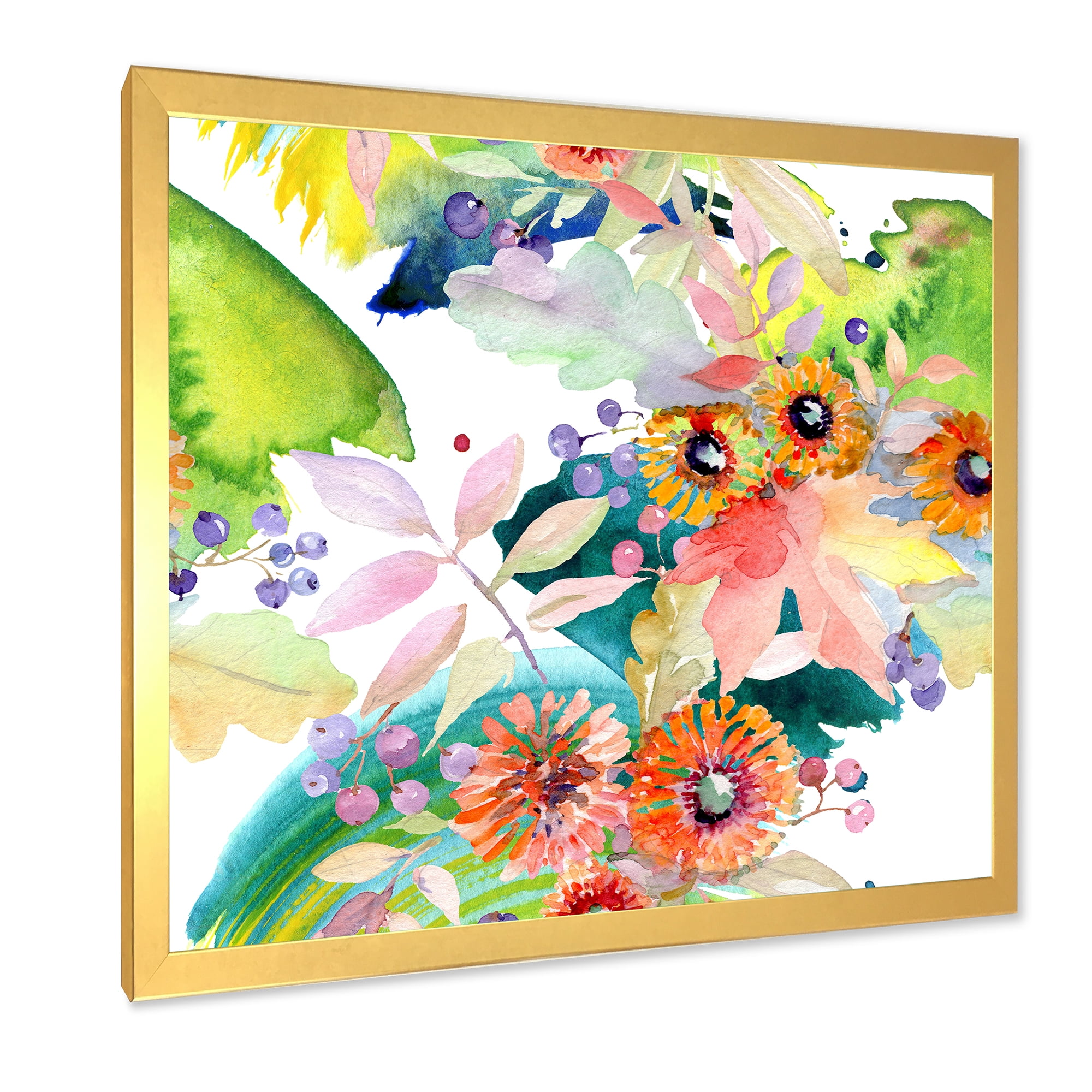 Vital Wild Spring Leaves and Wildflowers III 16 in x 16 in Framed Painting Canvas Art Print, by Designart