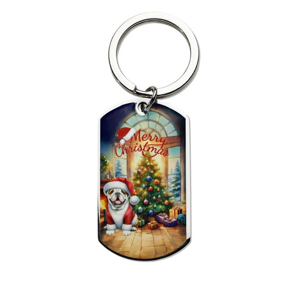 Merry Christmas Bulldog Santa Hat Xmas Tree Winter Holiday Stainless Steel Keychain Dog Lover Gifts Idea Collar Charm Tag Keyring - 01013
