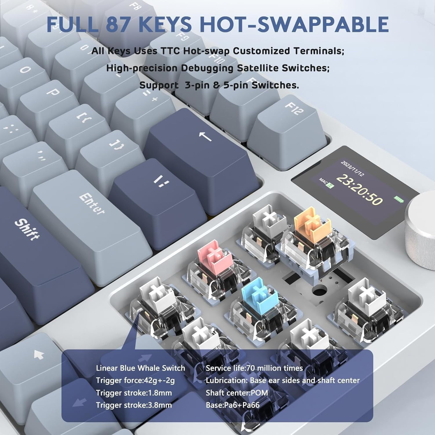 ATTACK SHARK K86 Wireless Mechanical Keyboard 75% with TFT Color Display & Knob Apex Pro TKL, 2.4G/Bluetooth/USB-C Wired RGB Backlit, Hot Swappable