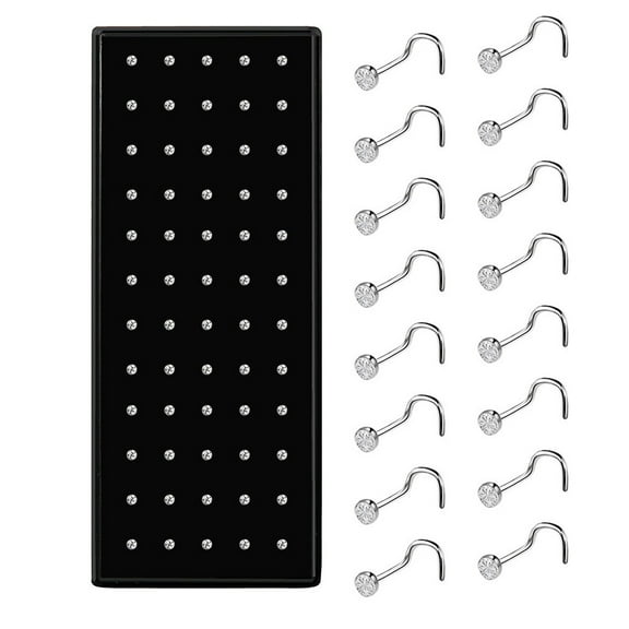 Firefly Hope 60-Pack Silver 316L Surgical Stainless Steel Nose Studs – Hypoallergenic Corkscrew Piercing Jewelry with 1.8mm Clear CZ (Imitation Diamond) for Women & Men