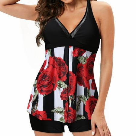 

Mackneog Women Slim Cross Sport Bra Vintage Printed Beach Beachwear Swim Tankini Set Bandeau Bandage Bikini Push Up Swimwear Bathing Suit Two Pieces Swimsuits Swimdress Black 2XL