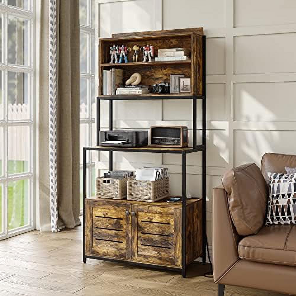 5-Tier Kitchen Bakers Rack with Power Outlet, Industrial Microwave Oven Stand with Shelves, Kitchen Utility Storage Shelf with Cabinet, Standing Kitchen Storage Rack, Rustic Brown