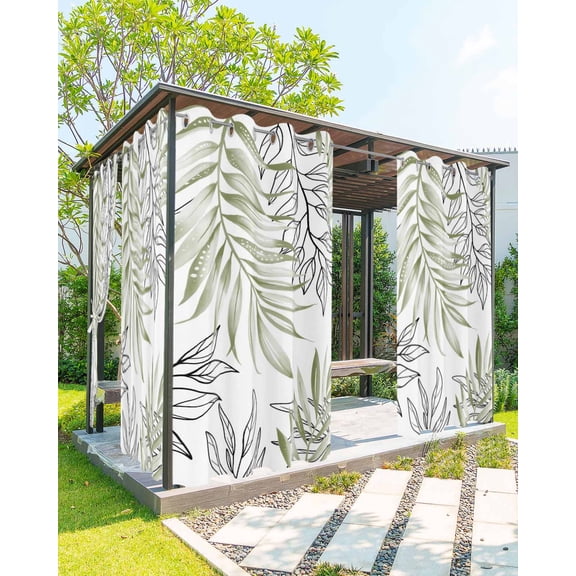 Sage Green Leaves Outdoor Curtains for Patio, Abstract Modern Geometric Lines Simple Art Privacy Drapes Grommet Waterproof Outside Curtains for Porch/Cabana/Balcony 54"x 95", 2 Panel