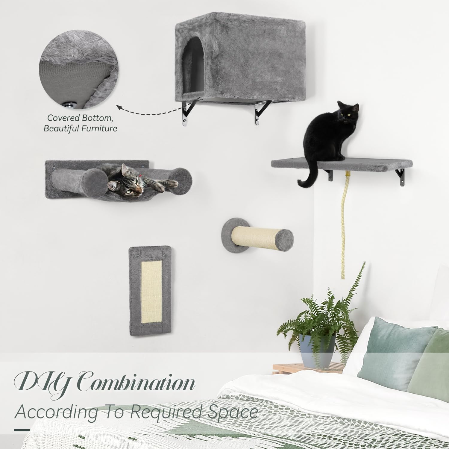 NUNU LAB 5-in-1 Wall Mounted Cat Shelves Set – Climbing Shelves, Hammock, House, Steps & Scratcher For Indoor Cats