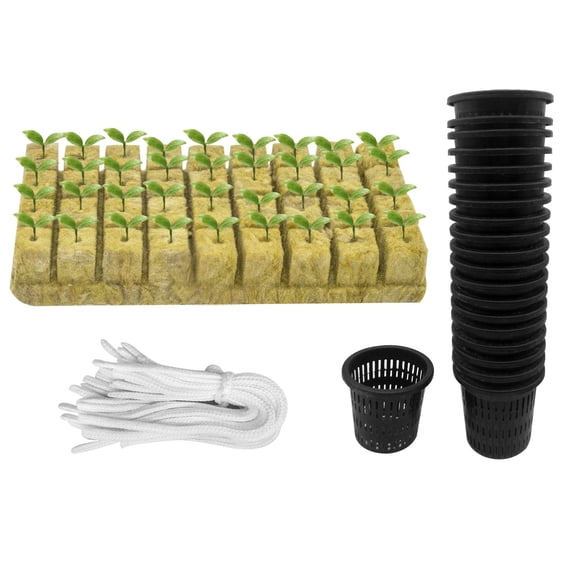 76Pcs Hydroponics Mesh Net Cup Kit - 2" Slotted Net Pots with Stonewool Starter Plugs & Self Watering Cotton Wick Cords for Indoor Garden