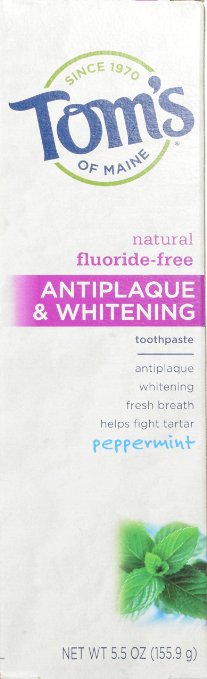 Tom's of Maine Antiplaque and Whitening Fluoride-Free Toothpaste, Peppermint, 5.5 Ounce, Pack of 2