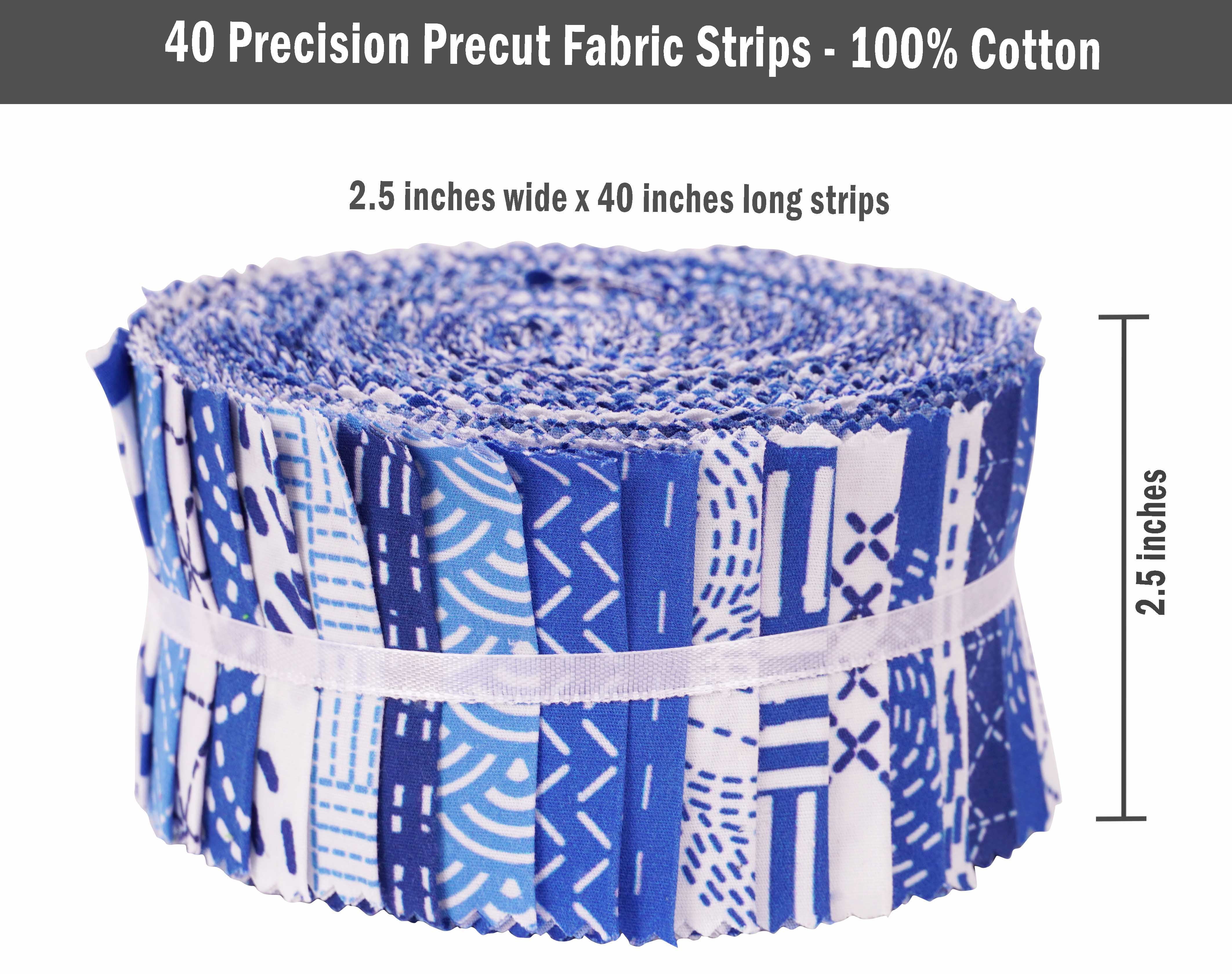 Soimoi 40Pcs Japanese Sashiko Print Cotton Precut Fabrics For Quilting Craft Strips 2.5x42inches Jelly Roll - Medium Blue