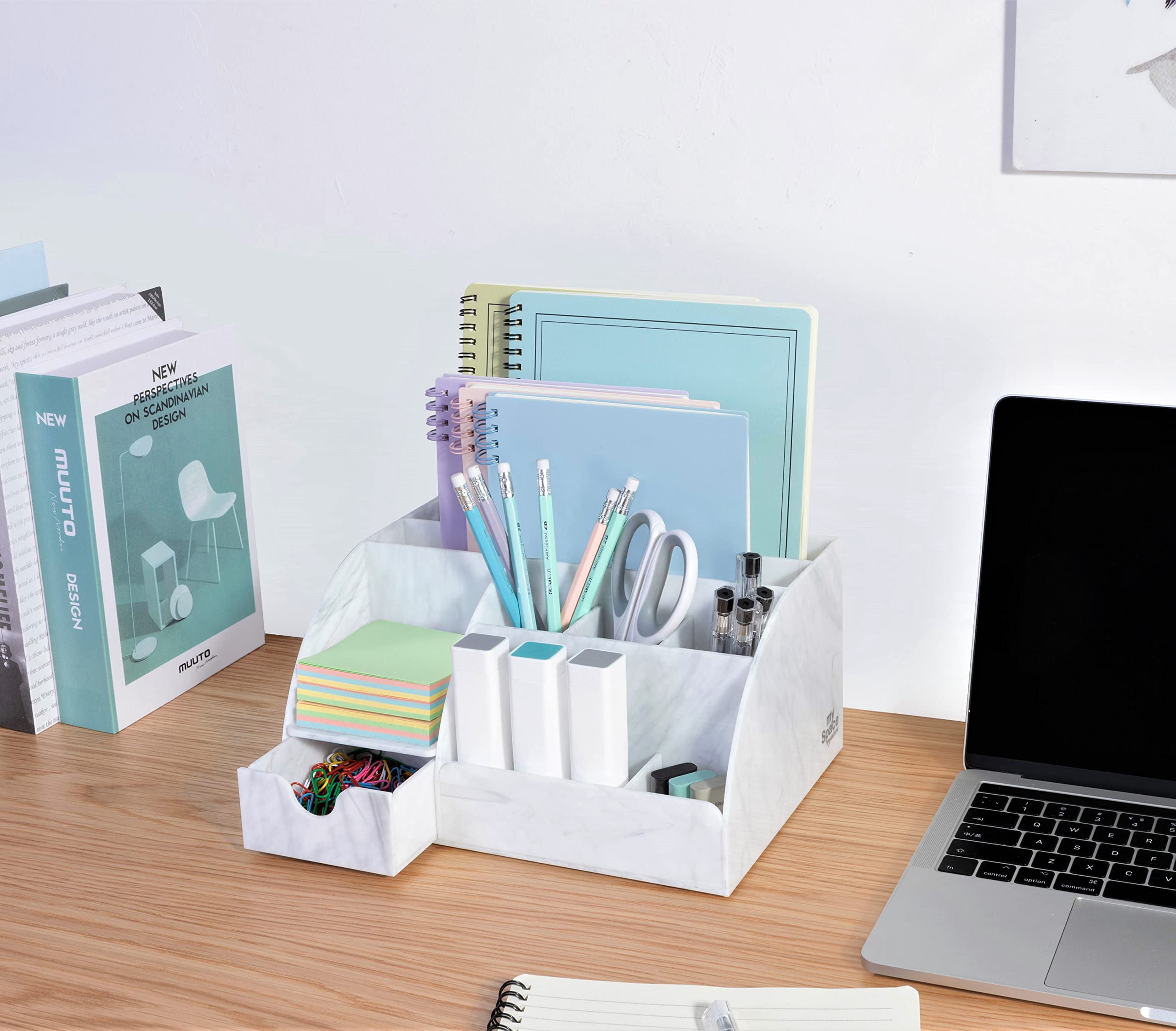 Marble Desk Organizer For Office Supplies And Accessories - 9 Sections Pencil Pen Holder Storage Desktop Organization Decor (white Grey Marble)