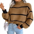 thumbnail image 1 of Suéter de Punto Grueso A Rayas con Cuello Alto para Mujer, Suéteres de Larga de Invierno, Tops Caqui M, 1 of 9